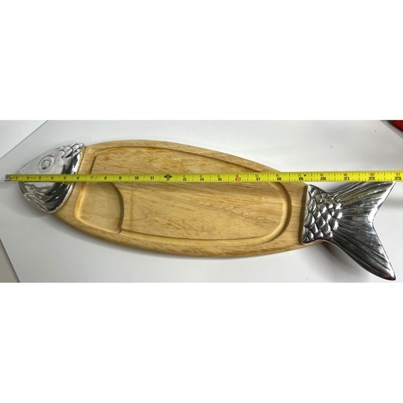 Wood Salmon Fish Shaped Charcuterie Serving Cutting Board Metal Head & Tail 23" - Picture 9 of 11